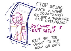 Size: 1000x720 | Tagged: artist needed, safe, scootaloo, pegasus, pony, g4, bipedal, flying lesson, offscreen character, parachute, plane, scootaloo can't fly, solo focus, this will end in tears, this will end in tears and/or death