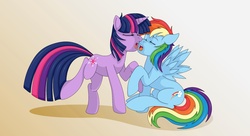 Size: 1980x1080 | Tagged: safe, artist:hara-shun, rainbow dash, twilight sparkle, g4, female, grotesque description, imminent kissing, kissing, lesbian, now kiss, ship:twidash, shipping, wingboner