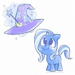 Size: 400x400 | Tagged: safe, artist:shiro, trixie, pony, unicorn, g4, clothes, cute, diatrixes, female, filly, filly trixie, hat, levitation, magic, magic aura, simple background, solo, telekinesis, trixie's hat, younger