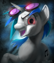Size: 579x678 | Tagged: dead source, safe, artist:hinoraito, dj pon-3, vinyl scratch, pony, g4, bust, evil laugh, female, looking at you, solo