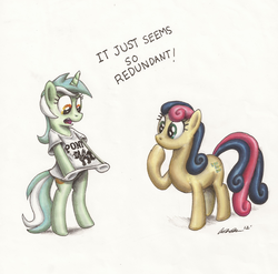Size: 2470x2443 | Tagged: safe, artist:mattings, bon bon, lyra heartstrings, sweetie drops, earth pony, pony, g4, bipedal, clothes, duo, high res, shirt, t-shirt, traditional art