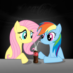 Size: 1512x1512 | Tagged: dead source, safe, artist:the-intimidator, fluttershy, rainbow dash, pegasus, pony, g4, bottle, coca-cola, coke bottle, drink, drinking straw, duo, duo female, female, mare, sharing a drink, soda bottle, wingless