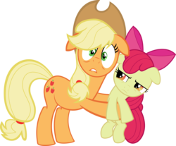 Size: 5657x4686 | Tagged: safe, artist:psyxofthoros, apple bloom, applejack, earth pony, pony, bridle gossip, g4, absurd resolution, apple sisters, female, filly, foal, fourth wall, holding a pony, hug, looking at you, mare, siblings, simple background, sisters, transparent background, vector