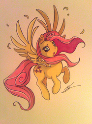 Size: 500x667 | Tagged: dead source, safe, artist:science fox, fluttershy, pegasus, pony, g4, feather, female, flying, solo, traditional art