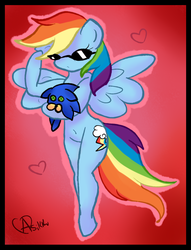 Size: 823x1080 | Tagged: safe, artist:asikku, rainbow dash, pegasus, semi-anthro, g4, crossover, crossover shipping, female, interspecies, male, plushie, shipping, sonic the hedgehog, sonic the hedgehog (series), sonicdash, straight, sunglasses