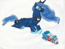 Size: 900x677 | Tagged: safe, artist:zeldatheswordsman, princess luna, g4, female, playing, toy, traditional art, ultra magnus