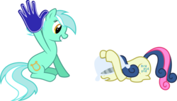 Size: 5000x2883 | Tagged: safe, artist:ambassad0r, bon bon, lyra heartstrings, sweetie drops, earth pony, pony, unicorn, g4, bon bon is not amused, duo, duo female, female, foam finger, high res, humie, mare, missing horn, pillow, simple background, transparent background, vector