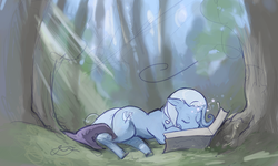 Size: 700x420 | Tagged: safe, artist:luna-sedata, trixie, pony, unicorn, g4, book, forest, magic, sleeping, solo