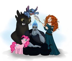 Size: 900x762 | Tagged: safe, artist:redhead-k, pinkie pie, fish, g4, brave (movie), cooking, crossover, disney princess, eating, hades, hercules, how to train your dragon, lilo and stitch, merida, stitch, toothless the dragon