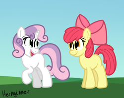 Size: 718x567 | Tagged: safe, artist:terton, apple bloom, sweetie belle, earth pony, pony, unicorn, g4, duo, female, filly, foal