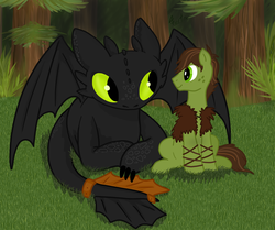 Size: 900x753 | Tagged: safe, artist:fuutachimaru, dragon, earth pony, night fury, pony, brown hair, brown mane, dreamworks, friendship, hiccup horrendous the third, how to train your dragon, ponified, prosthetics, toothless the dragon, viking