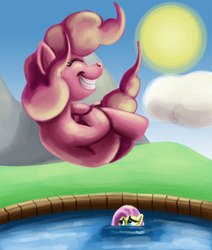 Size: 702x827 | Tagged: safe, artist:yavaho155, fluttershy, pinkie pie, g4, blank flank, cannonball, swimming, swimming pool