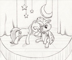 Size: 3032x2532 | Tagged: safe, artist:aqnichols, trixie, pony, unicorn, g4, cape, clone, clothes, female, hat, high res, hoof kissing, kissing, lesbian, mare, monochrome, narcissism, self ponidox, selfcest, shipping, stage, traditional art, trixie's cape, trixie's hat, trixtrix