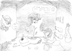 Size: 6388x4552 | Tagged: safe, artist:thekuto, rarity, sweetie belle, pony, robot, robot pony, unicorn, g4, absurd resolution, black and white, comic, cutie mark, dialogue, disembodied head, female, filly, foal, goggles, grayscale, hooves, horn, mare, modular, monochrome, open mouth, repairing, roboticist, sisters, sketch, sweetie bot, text, tools, traditional art, workshop