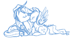 Size: 538x291 | Tagged: safe, artist:disc0rdant, applejack, fluttershy, g4, female, kissing, lesbian, ship:appleshy, shipping, sketch