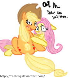 Size: 855x935 | Tagged: safe, artist:enigmaticfrustration, artist:freefraq, applejack, fluttershy, earth pony, pegasus, pony, g4, blushing, caught, colored, embarrassed, female, lesbian, ship:appleshy, shipping, simple background, transparent background