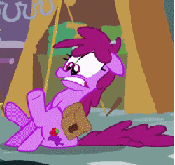 Size: 286x269 | Tagged: safe, screencap, berry punch, berryshine, earth pony, pony, call of the cutie, g4, season 1, animated, butt scootin', do not want, female, mare, scared
