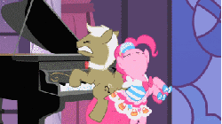 Size: 345x194 | Tagged: safe, screencap, frederic horseshoepin, pinkie pie, earth pony, pony, g4, the best night ever, animated, bipedal, butt to butt, butt touch, clothes, dress, duo, eyes closed, female, gala dress, gritted teeth, loop, male, mare, musical instrument, piano, singing, stallion, wat