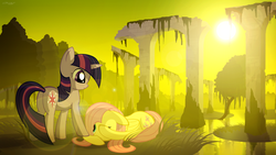 Size: 1920x1080 | Tagged: safe, artist:gign-3208, fluttershy, twilight sparkle, pegasus, pony, unicorn, g4, 16:9, duo, duo female, female, mare, ruins, scenery, swamp