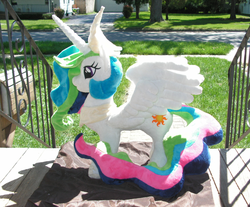 Size: 1441x1194 | Tagged: safe, artist:karasunezumi, princess celestia, alicorn, pony, g4, irl, jewelry, outdoors, photo, plushie, regalia, solo, spread wings, stairs, wings