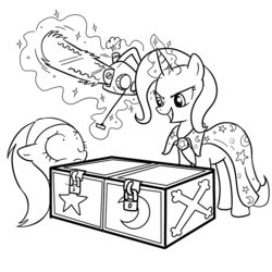 Size: 1000x1000 | Tagged: safe, artist:madmax, trixie, earth pony, pony, unicorn, g4, black and white, box, box sawing trick, chainsaw, female, grayscale, magic trick, mare, monochrome, scared, simple background, spa pony, this will end in tears and/or death, white background, wide eyes