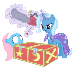 Size: 1000x1000 | Tagged: safe, artist:madmax, lotus blossom, trixie, earth pony, pony, unicorn, g4, box, box sawing trick, chainsaw, colored, female, glowing, glowing horn, horn, magic, magic trick, mare, scared, simple background, telekinesis, this will end in tears and/or death, transparent background, wide eyes