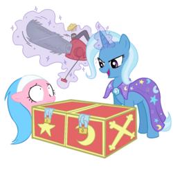 Size: 1000x1000 | Tagged: safe, alternate version, artist:madmax, aloe, trixie, earth pony, pony, unicorn, g4, box, box sawing trick, chainsaw, colored, female, magic trick, mare, scared, simple background, this will end in tears and/or death, transparent background, wide eyes