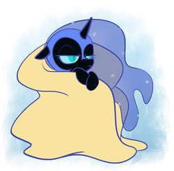 Size: 651x637 | Tagged: safe, artist:egophiliac, nightmare moon, pony, g4, blanket, cute, female, filly, floppy ears, frown, glare, nightmare woon, solo, unamused