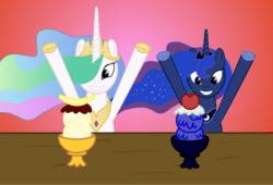 Size: 1476x1002 | Tagged: safe, artist:klystron2010, princess celestia, princess luna, alicorn, pony, g4, apple, banana, banana split, duo, duo female, female, happy, ice cream, royal sisters, siblings, sisters