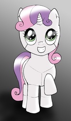 Size: 1509x2568 | Tagged: safe, artist:dorkypumpkin, sweetie belle, pony, robot, robot pony, unicorn, g4, female, filly, foal, gradient background, hooves, horn, looking at you, raised hoof, smiling, solo, sweetie bot, teeth