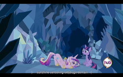 Size: 960x600 | Tagged: safe, screencap, princess cadance, twilight sparkle, a canterlot wedding, g4, face down ass up, letterboxing, sunshine sunshine, youtube caption