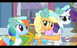 Size: 960x600 | Tagged: safe, screencap, applejack, rainbow dash, rarity, a canterlot wedding, g4, letterboxing, youtube caption