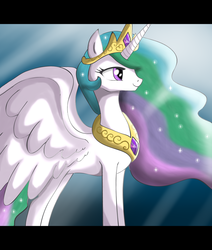 Size: 1157x1366 | Tagged: safe, artist:the-butch-x, princess celestia, alicorn, pony, g4, beautiful, crown, female, jewelry, letterboxing, mare, multicolored mane, multicolored tail, peytral, regalia, royalty, smiling, solo, sparkles, tiara, wings