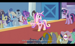 Size: 960x600 | Tagged: safe, screencap, bon bon, princess cadance, sweetie drops, twilight sparkle, g4, hub logo, youtube caption