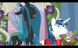 Size: 960x600 | Tagged: safe, screencap, queen chrysalis, shining armor, changeling, changeling queen, pony, a canterlot wedding, g4, duo, female, letterboxing, male, stallion, youtube caption