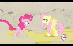 Size: 960x600 | Tagged: safe, screencap, doomie, fluttershy, pinkie pie, a canterlot wedding, g4, first, letterboxing, youtube caption