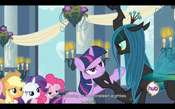 Size: 960x600 | Tagged: safe, screencap, applejack, fluttershy, pinkie pie, queen chrysalis, rarity, twilight sparkle, changeling, changeling queen, a canterlot wedding, g4, my little pony: friendship is magic, female, letterboxing, youtube caption