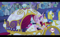 Size: 960x600 | Tagged: safe, screencap, princess cadance, shining armor, alicorn, pegasus, pony, unicorn, a canterlot wedding, g4, female, hub logo, letterboxing, male, mare, pegasus royal guard, royal guard, stallion, youtube caption