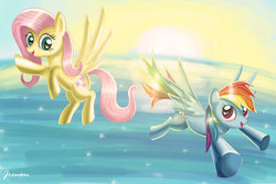 Size: 1024x683 | Tagged: safe, artist:jrenon, fluttershy, rainbow dash, g4, flying