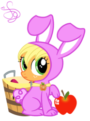 Size: 2000x2692 | Tagged: safe, artist:kristiesparcle, applejack, earth pony, pony, g4, apple, bucket, bunny costume, bunnyjack, clothes, element of honesty, female, filly, high res, simple background, sitting, solo, transparent background, vector