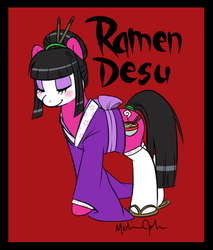 Size: 514x604 | Tagged: safe, artist:nauticaldog, oc, oc only, pony, chopsticks in hair, clothes, duo, kimono (clothing), makeup, ramen, stockings, thigh highs, zouri