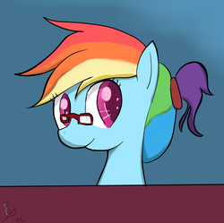 Size: 2035x2028 | Tagged: safe, artist:peperoger, rainbow dash, pony, g4, alternate hairstyle, bust, cute, dashabetes, egghead, female, glasses, high res, ponytail, portrait, rainbow dork, short ponytail, solo