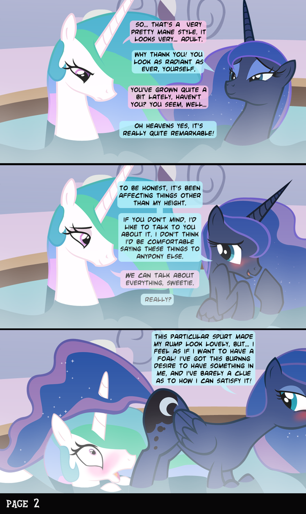 610px x 1024px - 81218 - suggestive, artist:anonymous, princess celestia, princess luna,  alicorn, pony, comic:stay with me sister, bath, bedroom eyes, blushing,  comic, estrus, eyes on the prize, female, incest, lesbian, looking at butt,  looking back,