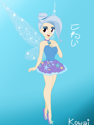 Size: 3000x4000 | Tagged: safe, artist:the-epicteer, trixie, fairy, human, g4, bare shoulders, disney, fairy wings, fairyized, humanized, japanese, parody, solo, sparkly wings, strapless, tinkerbell, translated in the comments, wings