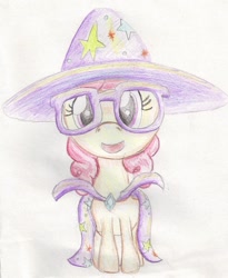 Size: 810x986 | Tagged: safe, artist:maxayson, twist, earth pony, pony, g4, accessory swap, cape, clothes, female, filly, glasses, hat, looking at you, open mouth, the great and powerful, traditional art, trixie's cape, trixie's hat