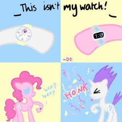 Size: 400x400 | Tagged: dead source, safe, artist:daisydaisydoodles, pinkie pie, rarity, g4, comic, confetti, watch