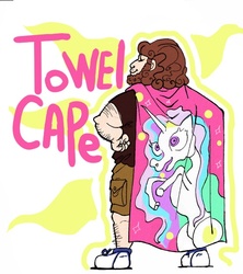 Size: 500x562 | Tagged: safe, artist:drypaint, princess celestia, everfree northwest, g4, blanket, brony, cape, clothes, meta