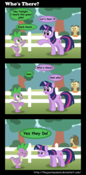 Size: 1700x3450 | Tagged: safe, artist:thejourneysend, owlowiscious, spike, twilight sparkle, dragon, pony, unicorn, g4, comic, female, knock knock joke, male, mare, pun, twilight sparkle is not amused, unamused, unicorn twilight