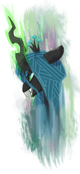 Size: 600x1300 | Tagged: dead source, safe, artist:xieril, queen chrysalis, changeling, changeling queen, g4, bust, fangs, female, frown, glowing horn, horn, smiling, solo