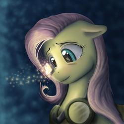 Size: 1352x1344 | Tagged: safe, artist:anadukune, fluttershy, firefly (insect), pegasus, pony, g4, beautiful, bust, eye reflection, female, floppy ears, goggles, insect on nose, looking at something, mare, reflection, smiling, solo, teary eyes